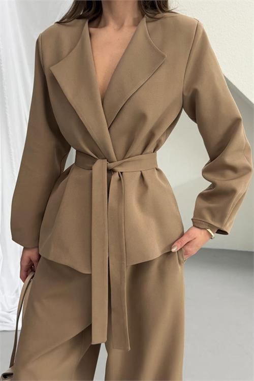 vizon kahverengi kuşak detaylı oversize şalvar pantolon blazer ceket takım NBNP023