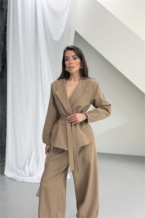 vizon kahverengi kuşak detaylı oversize şalvar pantolon blazer ceket takım NBNP023