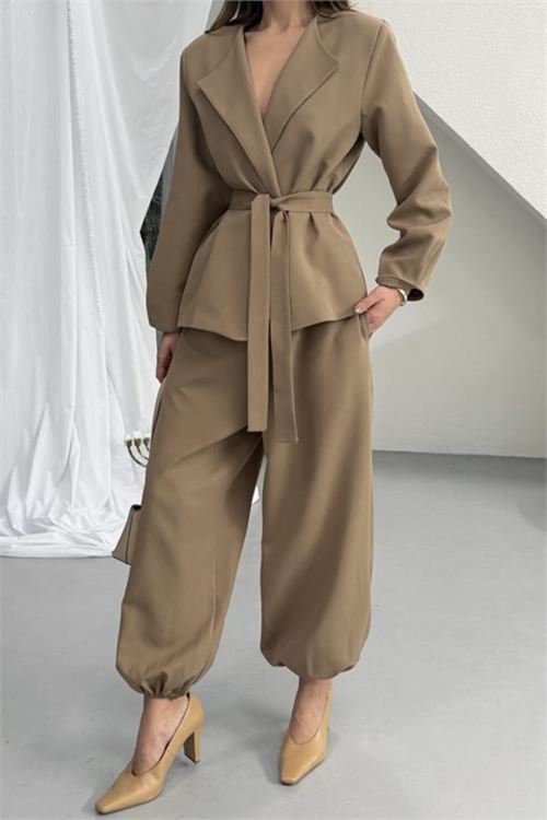 vizon kahverengi kuşak detaylı oversize şalvar pantolon blazer ceket takım NBNP023