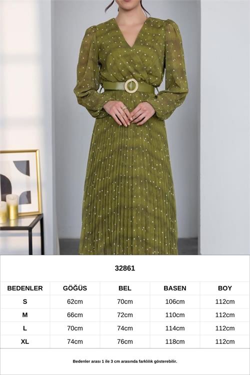 kadın kemerli puantiye desenli şifon elbise NBMY3286