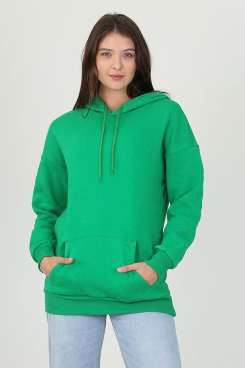 Kadın Yeşil Kapüşonlu Kanguru Cepli Üç Iplik Sweatshirt Fvr002