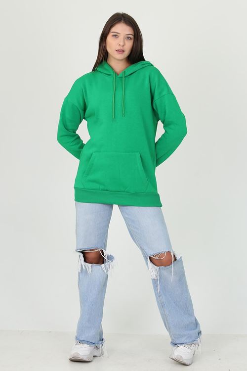 Kadın Yeşil Kapüşonlu Kanguru Cepli Üç Iplik Sweatshirt Fvr002