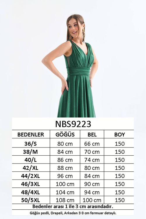 Kadın Tül Zümrüt Yeşil V Yaka Simli Abiye Elbise Nbs9223