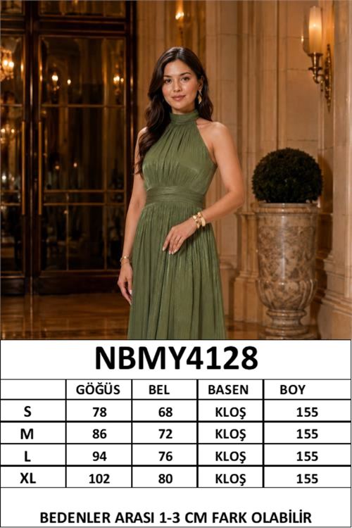 kadın olive yeşil halter yaka janjan kumaş premium abiye elbise NBMY4128