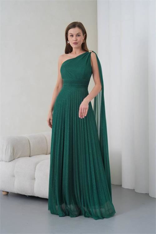 kadın yeşil tek omuz tokalı drape detaylı ışıltılı tül kumaş abiye elbise NBS9388