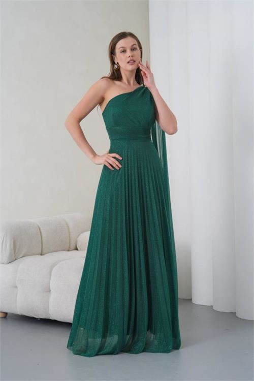kadın yeşil tek omuz tokalı drape detaylı ışıltılı tül kumaş abiye elbise NBS9388