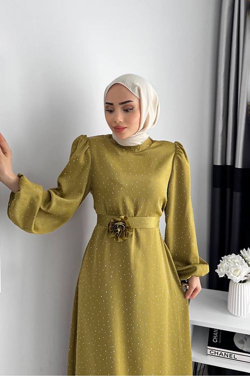 kadın saten taş detaylı tesettür elbise NMS050