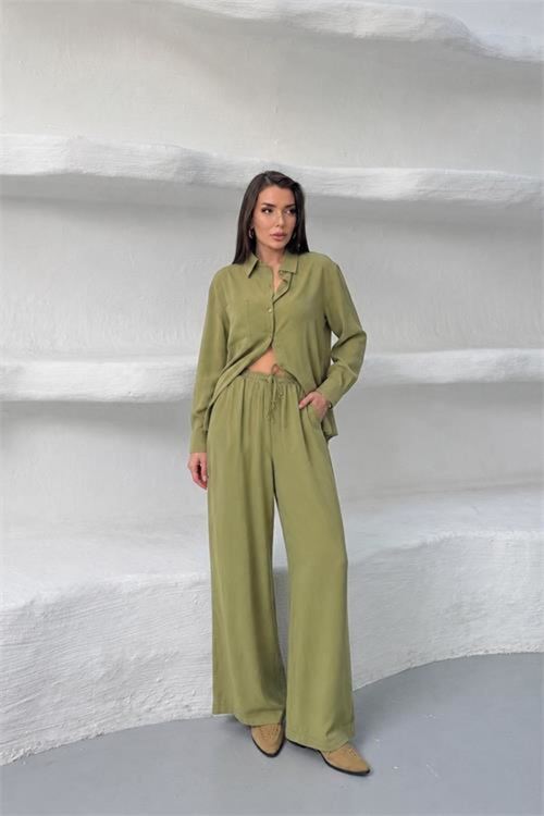 kadın yeşil tensel kumaş oversize gömlek pantolon ikili takım NBNP037