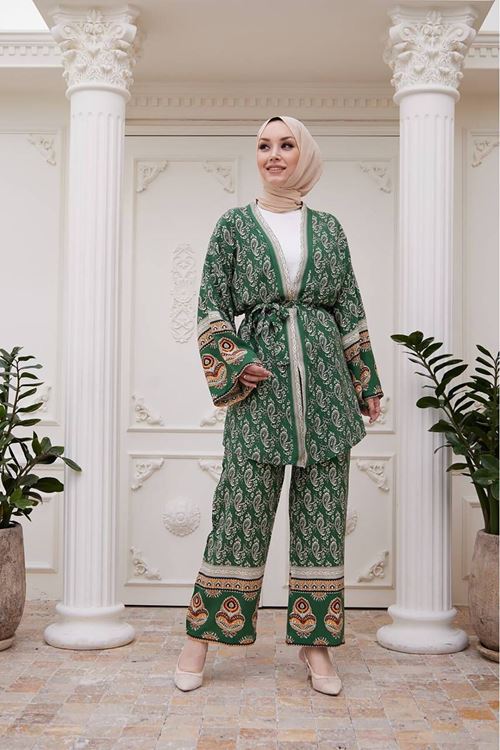 Kadın ithal kumaş tesettür kimono takım SMS020 - Yeşil