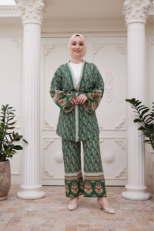 Kadın ithal kumaş tesettür kimono takım SMS020 - Yeşil