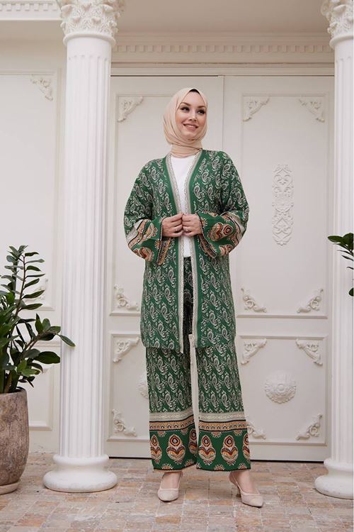 Kadın ithal kumaş tesettür kimono takım SMS020 - Yeşil
