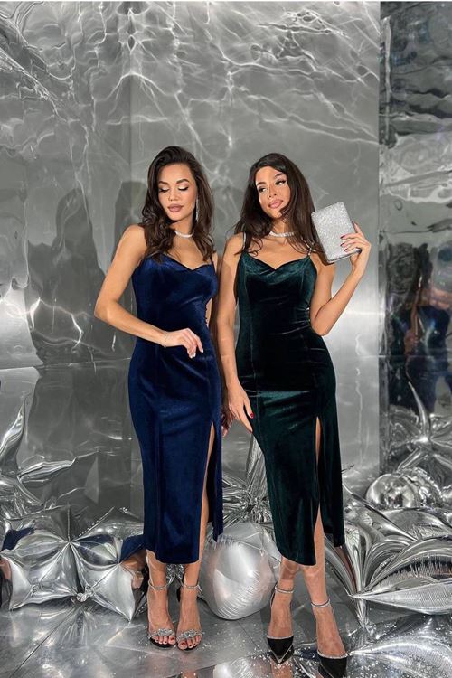 kadın kadife taş işlemeli abiye elbise NBEMP2554