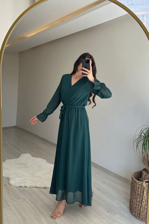 kadın uzun kollu kuşaklı maxi şifon elbise NM001