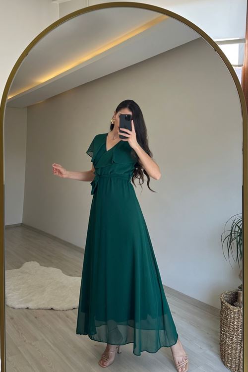 kadın v yaka kuşaklı maxi şifon elbise NM008