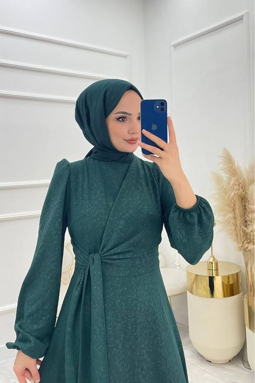 kadın bağlama detaylı jakarlı tesettür elbise NMS044