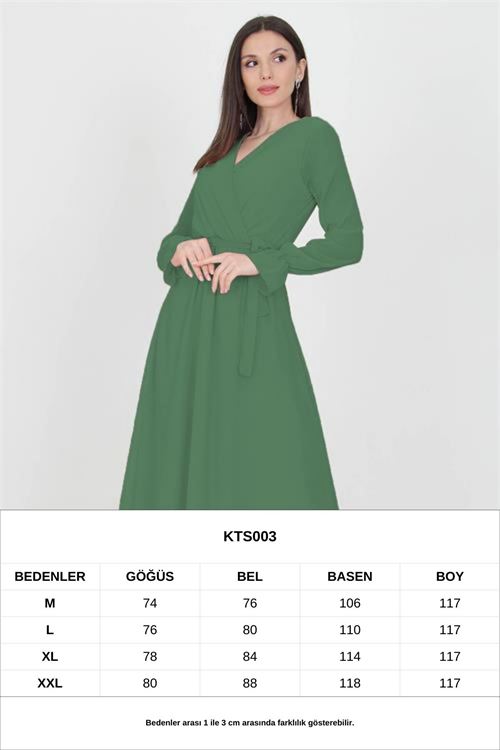 Kadın Kruvaze Yaka Zümrüt Yeşili Uzun Şifon Elbise Kts003