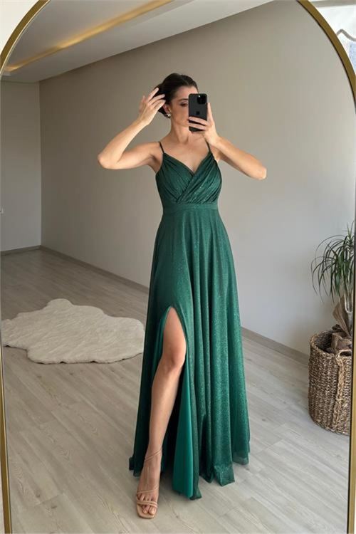 kadın ışıltılı askılı yırtmaç detayı şifon abiye elbise NM002