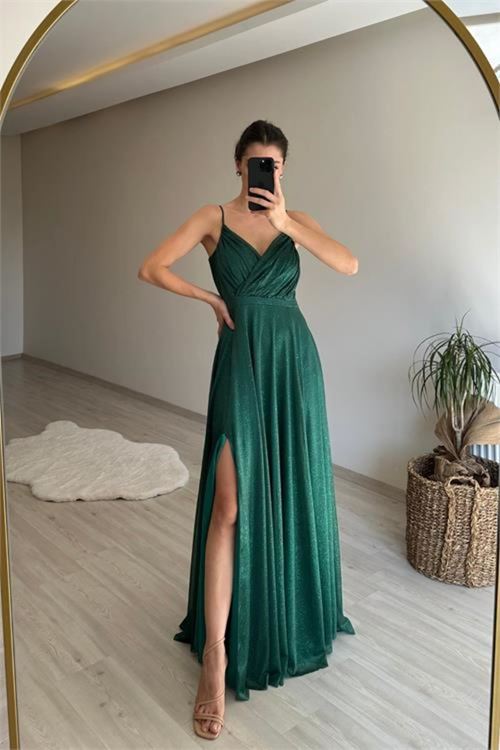 kadın ışıltılı askılı yırtmaç detayı şifon abiye elbise NM002