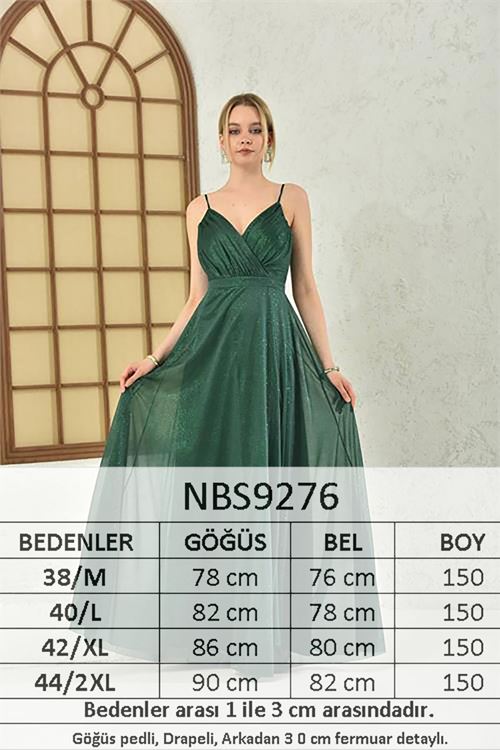 kadın zümrüt yeşil simli kumaş askılı uzun abiye NBS9276