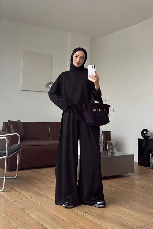 Kadın siyah tesettür oversize tunik ve bol paça pantolon ikili takım NMS106