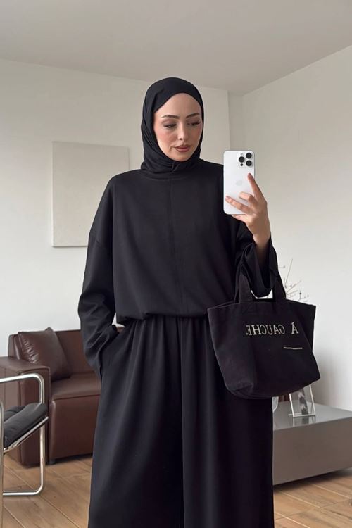 Kadın siyah tesettür oversize tunik ve bol paça pantolon ikili takım NMS106