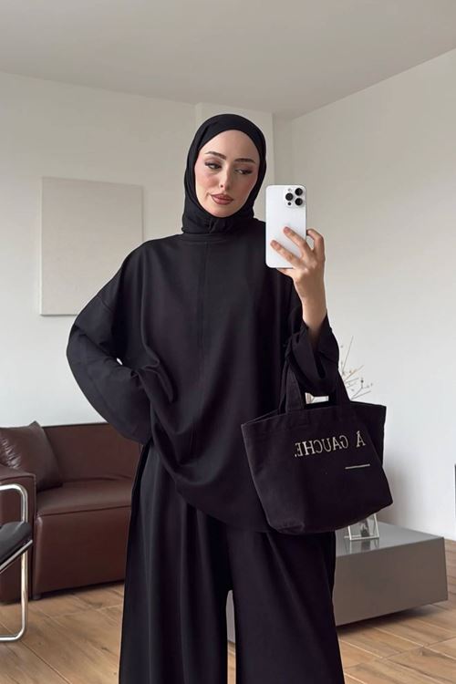 Kadın siyah tesettür oversize tunik ve bol paça pantolon ikili takım NMS106