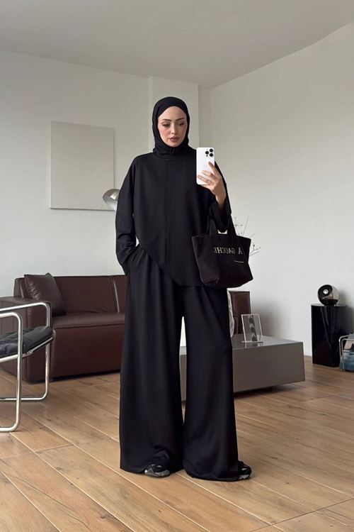 Kadın siyah tesettür oversize tunik ve bol paça pantolon ikili takım NMS106