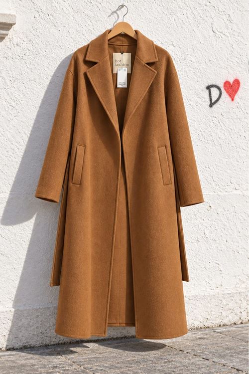 Kadın Camel Kuşaklı Kruvaze Yaka Cepli Oversize Kaşe Kaban DKHF082