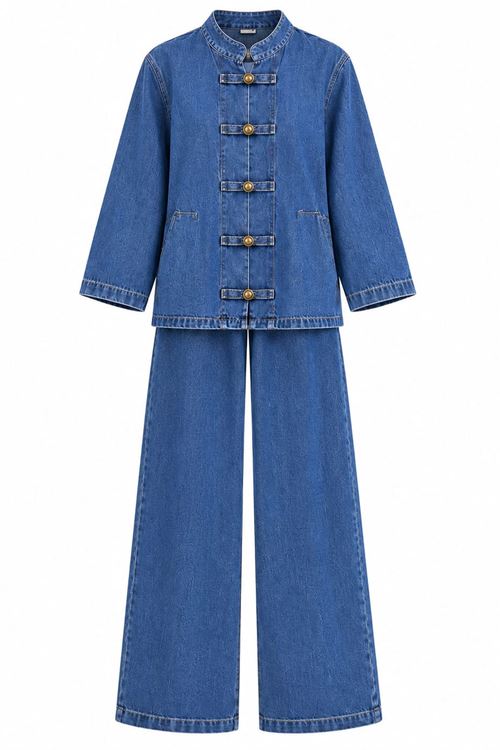 Kadın Saks Tesettür Kuşaklı Düğme Detaylı Denim Tunik Pantolon Takım TG039