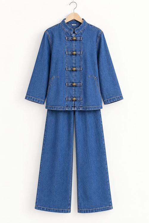 Kadın Saks Tesettür Kuşaklı Düğme Detaylı Denim Tunik Pantolon Takım TG039