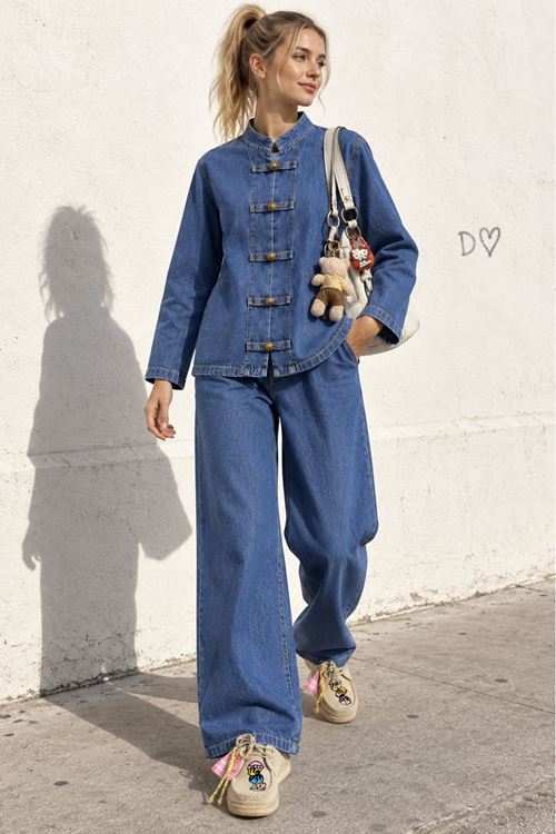 Kadın Saks Tesettür Kuşaklı Düğme Detaylı Denim Tunik Pantolon Takım TG039