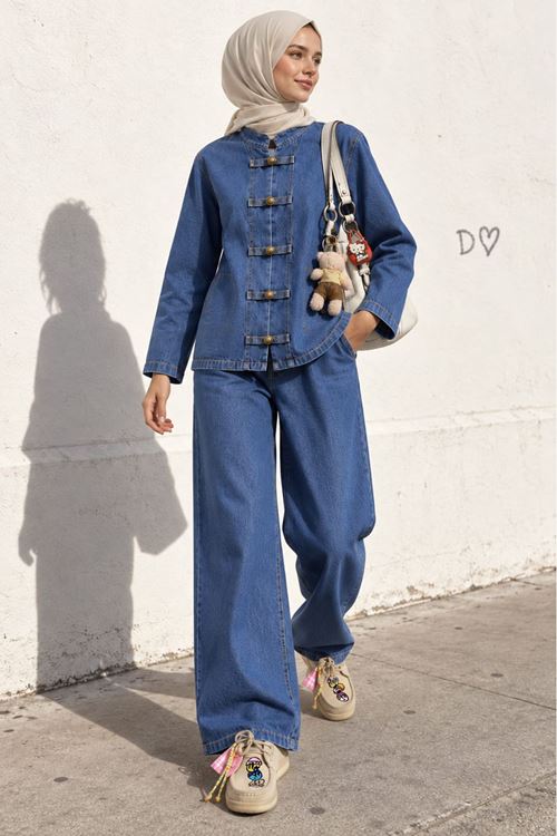 Kadın Saks Tesettür Kuşaklı Düğme Detaylı Denim Tunik Pantolon Takım TG039