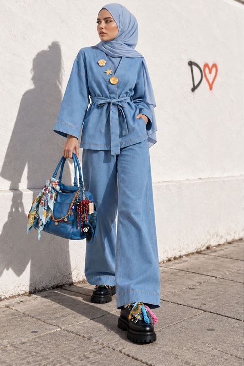Kadın Açık Mavi Denim Broş Detaylı Kimono Bol Paça Pantolon İkili Takım TG044