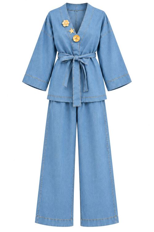 Kadın Açık Mavi Denim Broş Detaylı Kimono Bol Paça Pantolon İkili Takım TG044