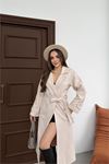 Neşeli butik kadın bej kuşaklı reglan kol düğmeli premium kaşe kaban NBKBN01