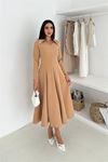 Neşeli butik kadın gold yaka detaylı midi boy uzun kollu elbise NBK4360