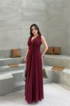 Neşeli butik kadın bordo v yaka simli tül abiye elbise NBS9223