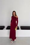 Neşeli butik kadın bordo tek omuz drapeli midi boy tokalı elbise NBK5020
