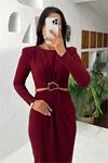 Neşeli butik kadın bel dekolteli toka detaylı uzun kollu elbise NBMY3655