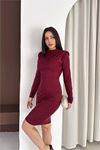 Neşeli butik kadın bordo dik yaka vatkalı taş detaylı mini elbise NBK5001