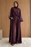 Neşeli butik kadın bordo şerit detaylı oversize tunik pantolon ikili tesettür takım NMS102