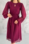 Neşeli butik kadın bordo midi boy astarlı şifon elbise NBKKLF2027