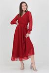 Neşeli Butik Kadın Bordo Yeni Sezon Astarlı Kruvaze Yaka Uzun Şifon Elbise NB003