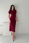 Neşeli butik kadın bordo midi boy büzgü detaylı balon kol dar kesim elbise NBK4574
