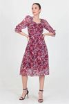 Neşeli butik kadın bordo kalp yaka yeni sezon desenli şifon elbise RY0030