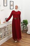 Neşeli butik kadın tül kemerli tesettür elbise RSSN45 - Bordo