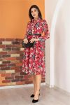 Neşeli butik kadın kırmızı kemerli çiçek desenli şifon elbise RY0031