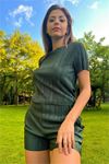 Neşeli butik kadın haki yeni sezon piliseli alt üst ikili takım NB10047