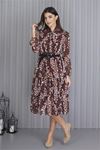 Neşeli Butik Kadın Kahverengi Kemerli Leopar Desenli Şifon Elbise Apcx04