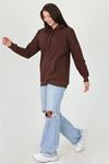 Neşeli butik kadın kahverengi kapüşonlu kanguru cepli üç iplik sweatshirt FVR002